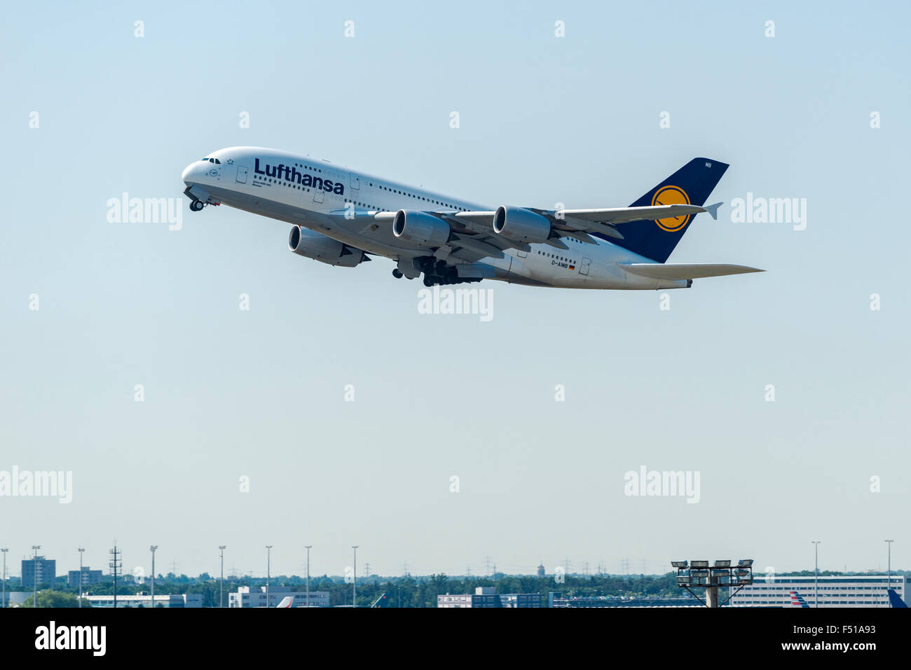 The Airbus A340-800 Muenchen of the airline Lufthansa is taking off at Frankfurt International Airport Stock Photo