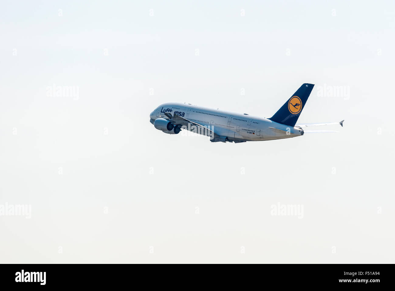 The Airbus A340-800 Muenchen of the airline Lufthansa is taking off at Frankfurt International Airport Stock Photo
