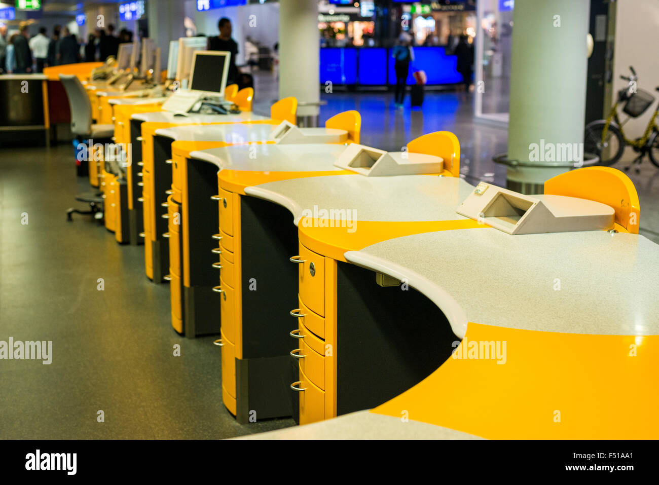 Deserted information desks of the airline Lufthansa at Terminal 1 of Frankfurt International Airport Stock Photo