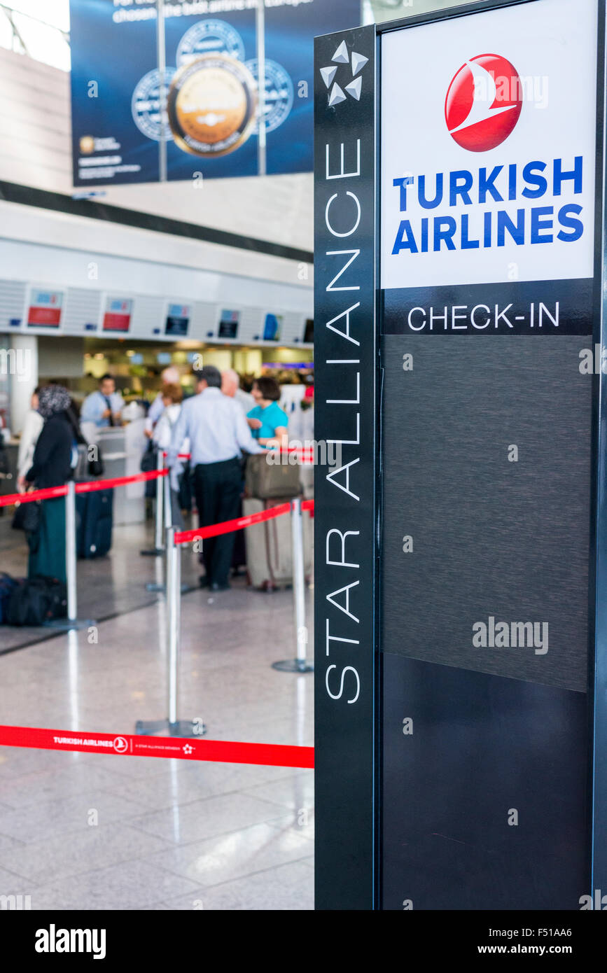 The signpost for Check-in of the airline Turkish Airlines at Terminal 1 of Frankfurt International Airport Stock Photo