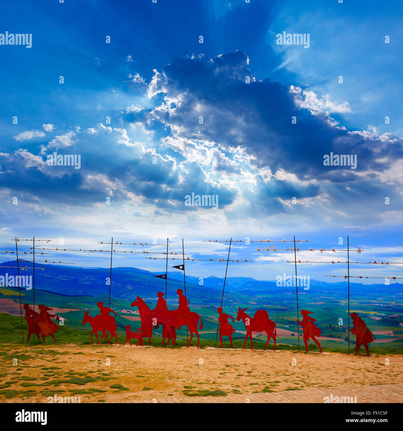 The way of Saint James Alto del Perdon top with steel sculpture of pilgrims at Navarra Stock Photo