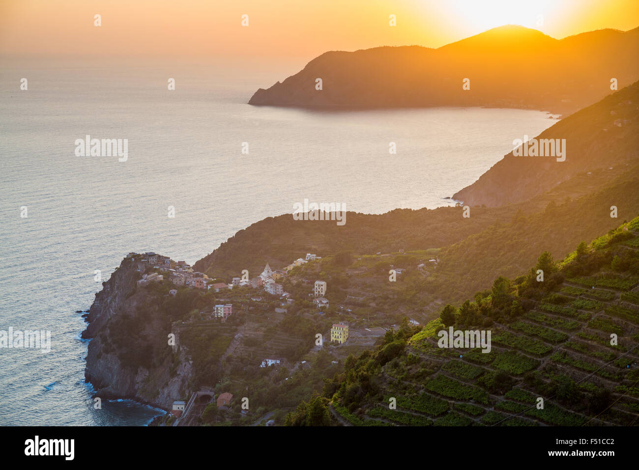 Sunset over Corniglia, Cinque Terre National Park, Province of La Spezia, Liguria, Italy, EU, Europe Stock Photo