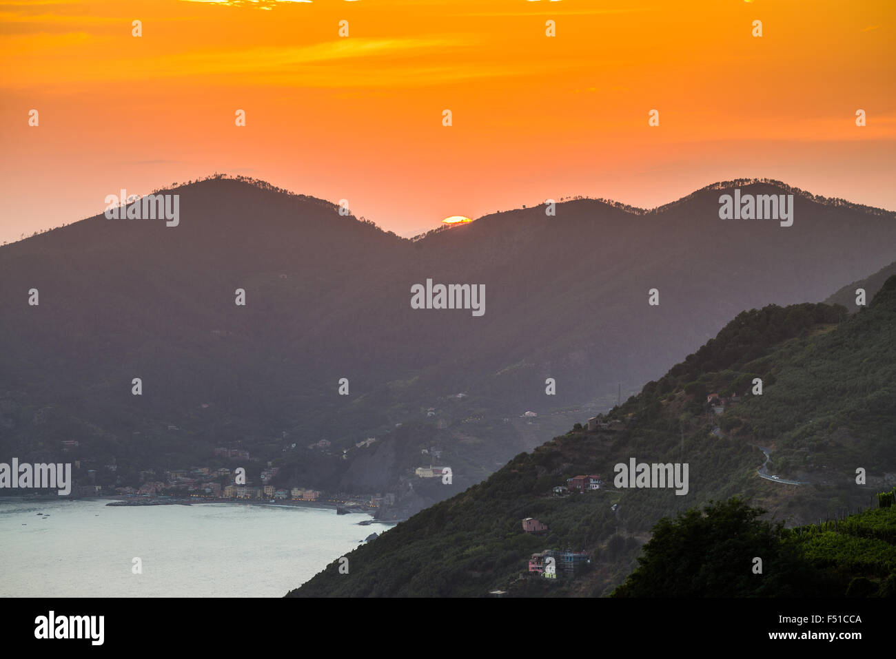 Sunset over Corniglia, Cinque Terre National Park, Province of La Spezia, Liguria, Italy, EU, Europe Stock Photo