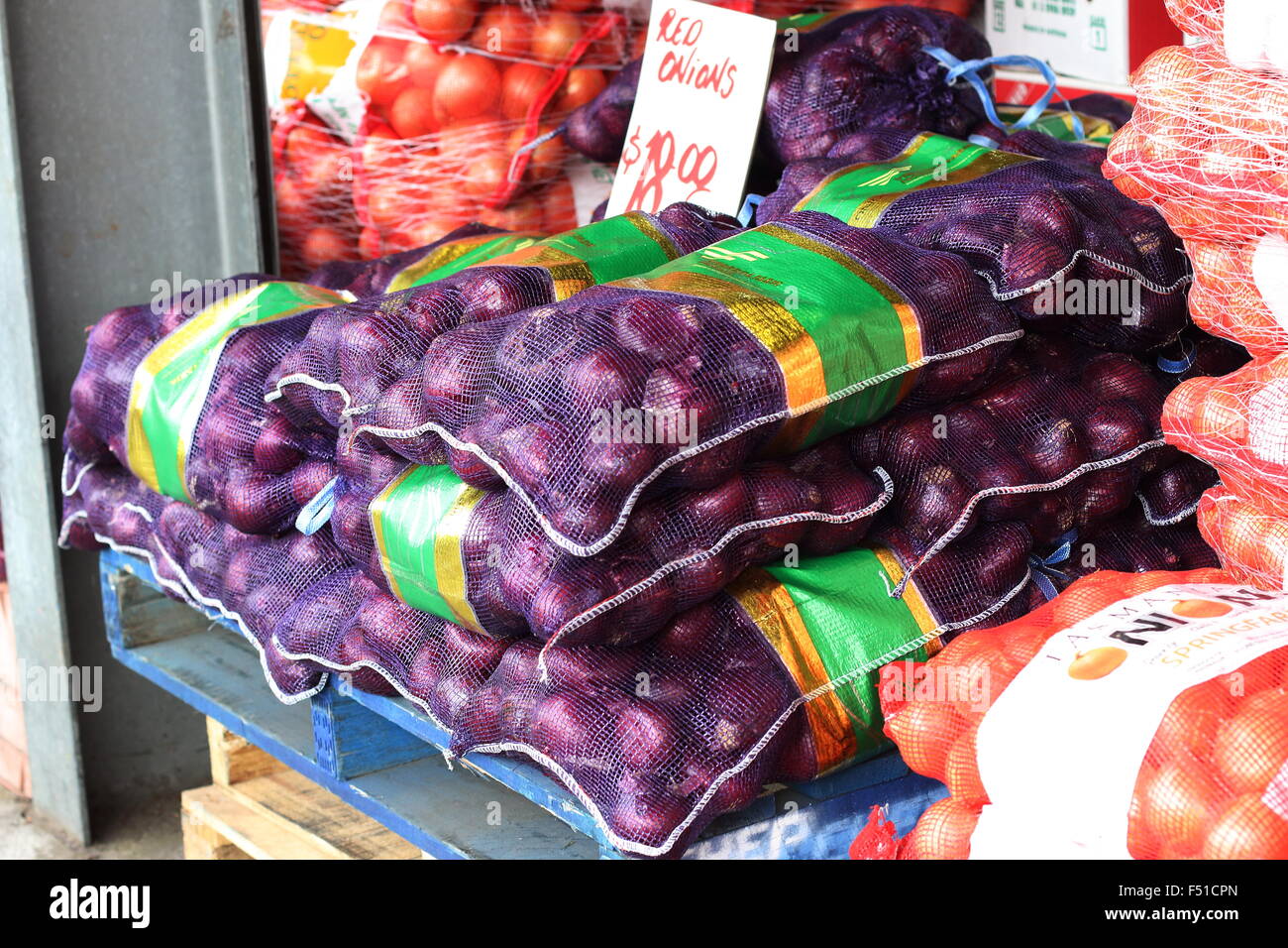Fresh Red Onions in a bag for sale Stock Photo