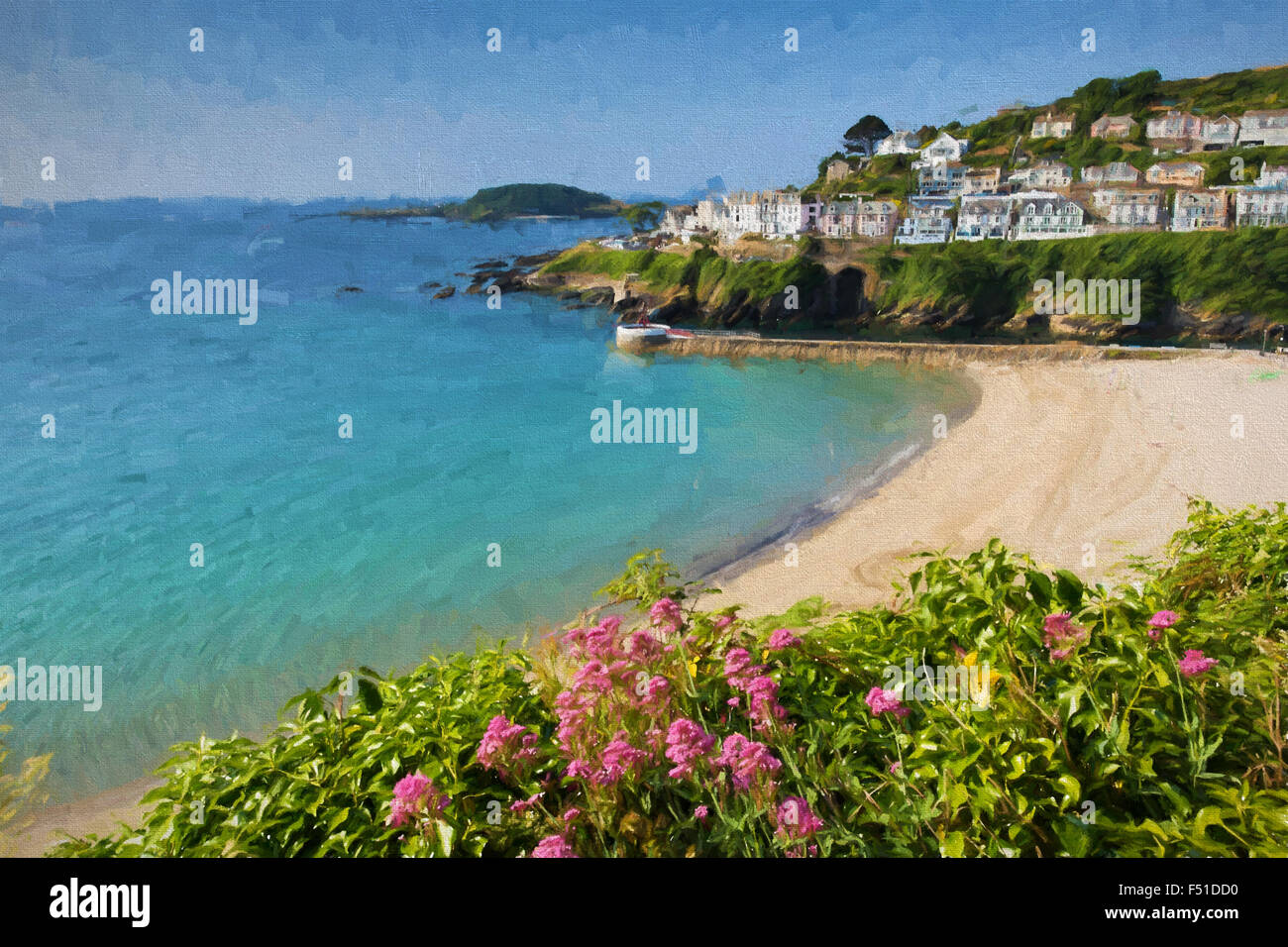 Looe beach Cornwall England UK with pink flowers blue sea and sky illustration like oil painting Stock Photo