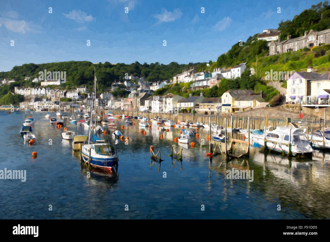 Looe river Cornwall England UK with boats and yachts on moorings and blue sea and sky illustration like oil painting Stock Photo
