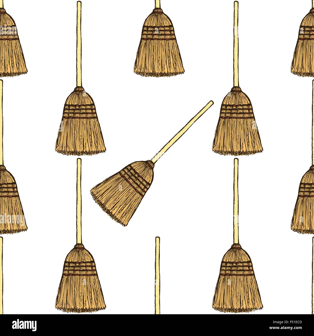Sketch broom in vintage style, vector seamless pattern Stock Vector