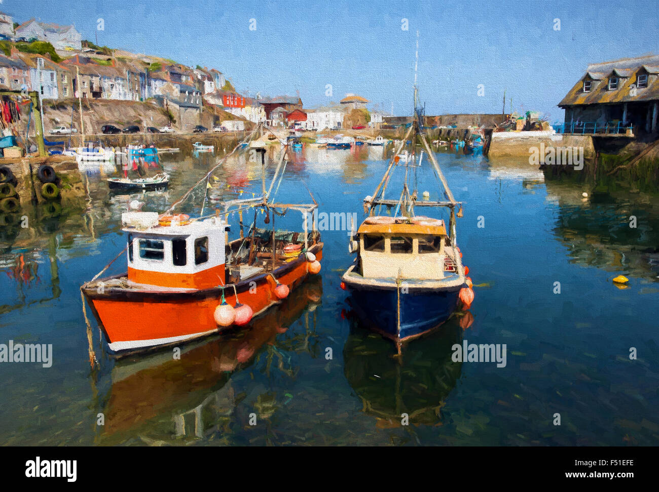 Fishing boats Mevagissey harbour Cornwall England near St Austell on a beautiful summer day like oil painting Stock Photo