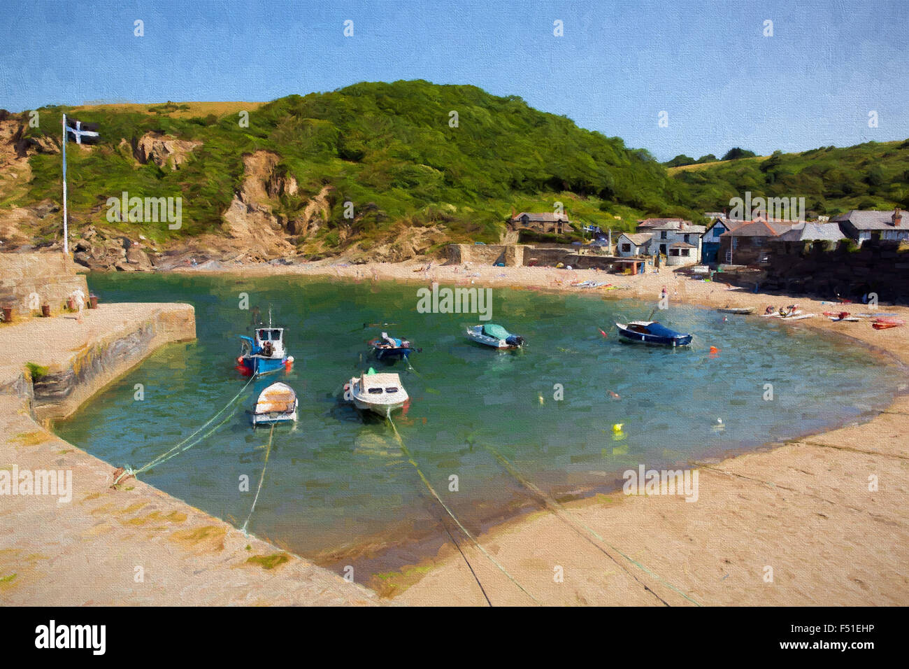 Boats Polkerris harbour Cornwall England uk on a beautiful summer day illustration like oil painting Stock Photo