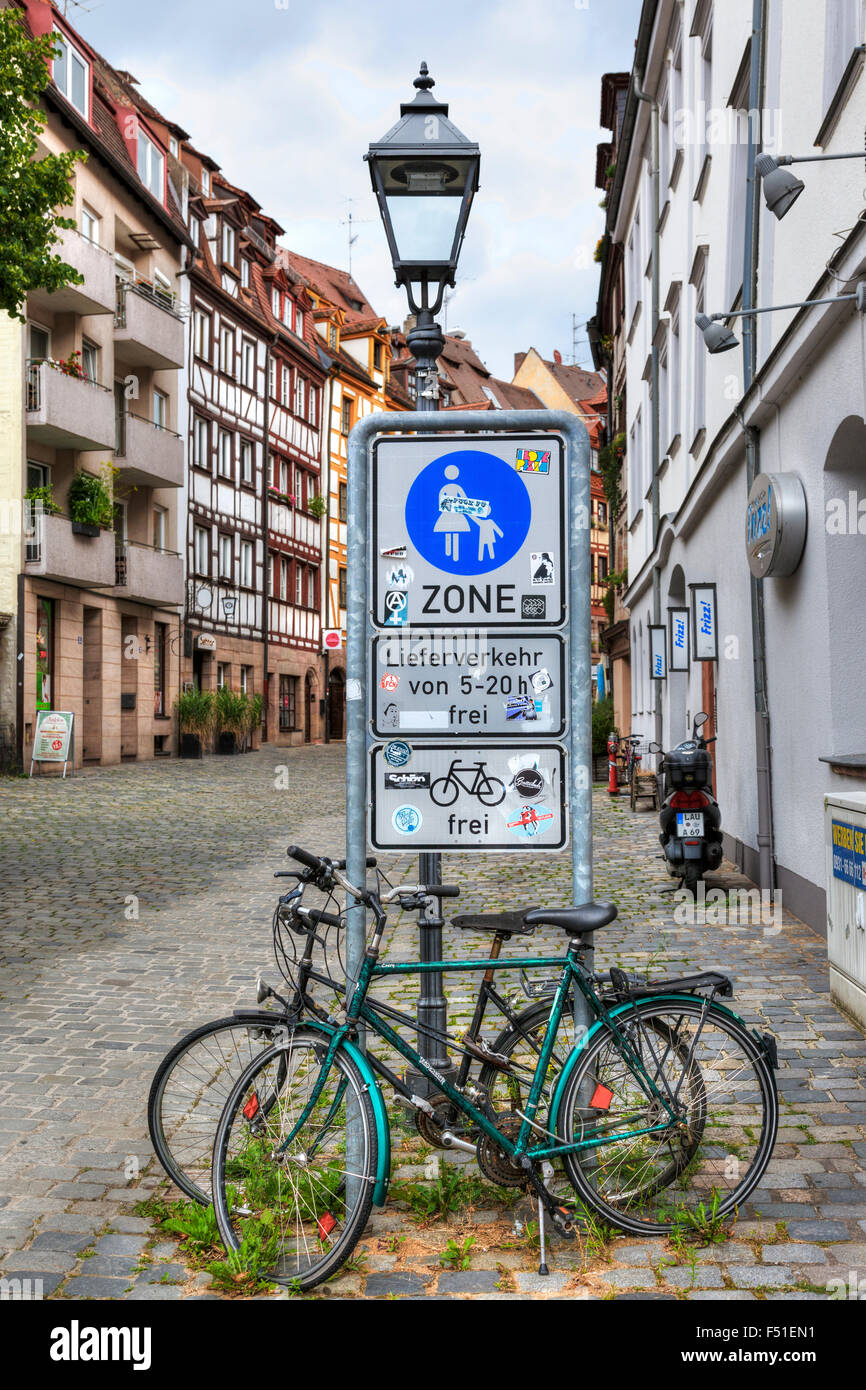 Bicycles parked at the entrance to Weißgerbergasse, a street in