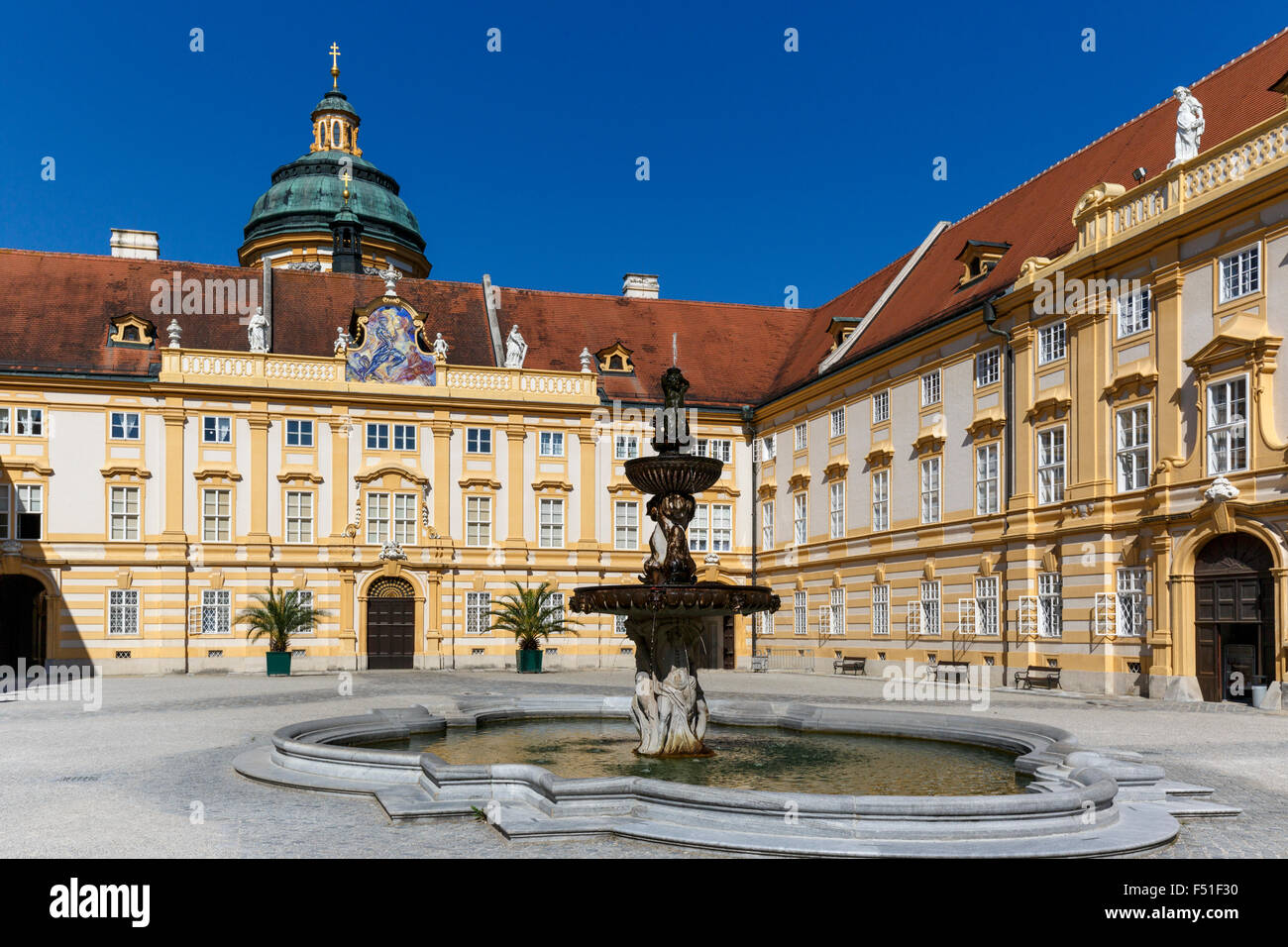 The main courtyard of the Benedictine Melk Abbey, Lower Austria, Europe. Stock Photo