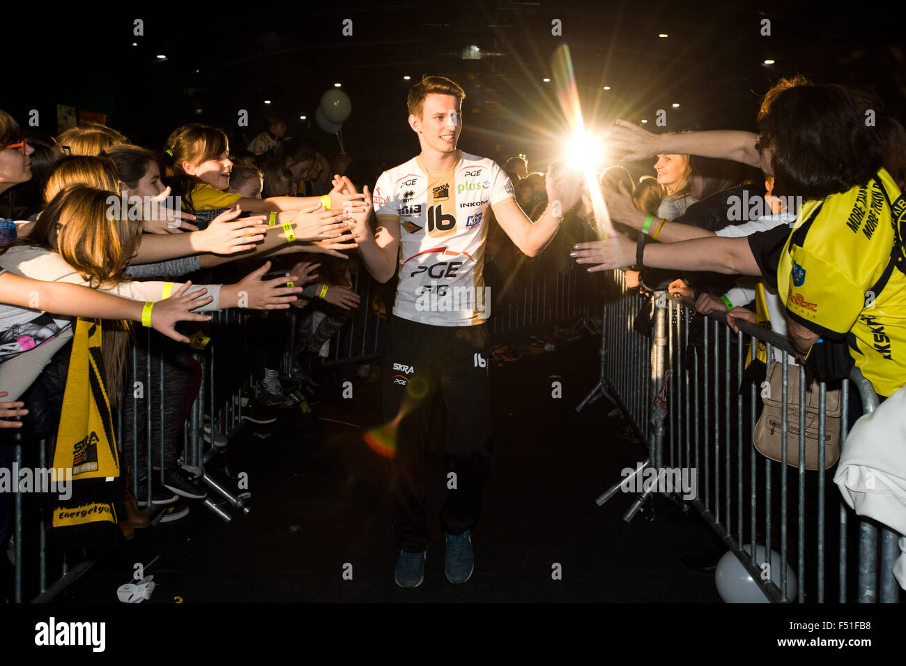 Belchatow, Poland. 25th Oct, 2015. Kacper Piechocki, welcomed by his fans, during official presentation of PGE Skra Belchatow team for 2015/2016 volleyball season. Credit:  Marcin Rozpedowski/Alamy Live News Stock Photo