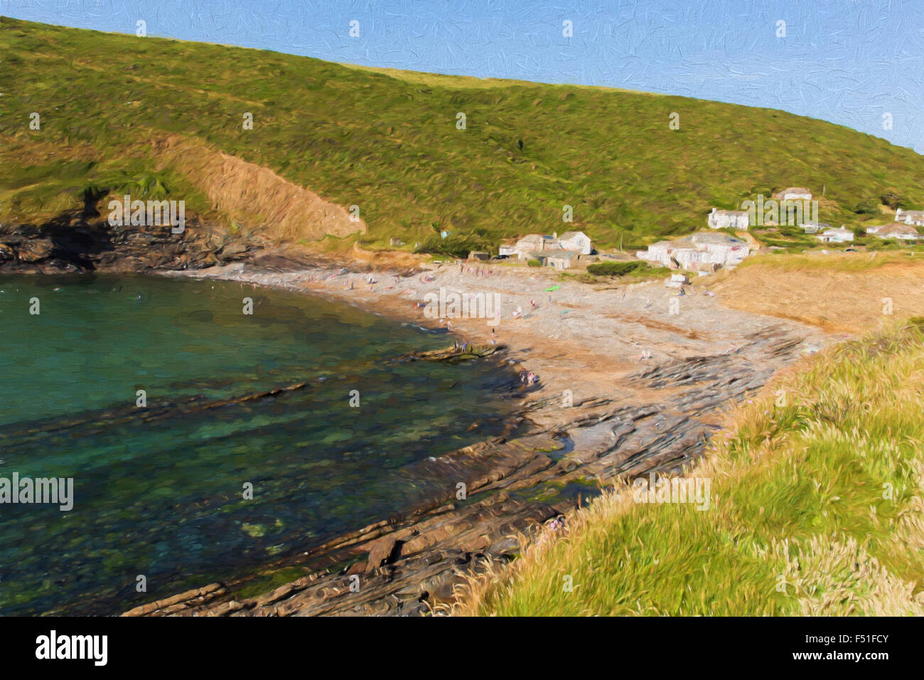Crackington Haven beach North Cornwall between Bude and Tintagel England UK on a beautiful summer day illustration like oil pain Stock Photo