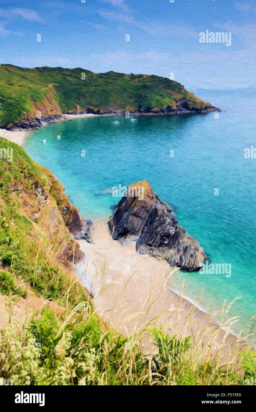 Lantic Bay Cornwall England near Fowey and Polruan secluded with turquoise and blue sea illustration like oil painting Stock Photo