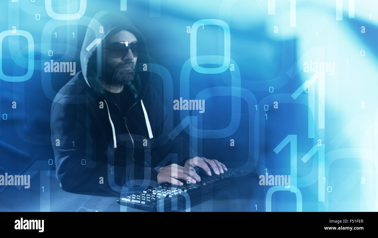 Hacker typing on keyboard blue binary background Stock Photo - Alamy