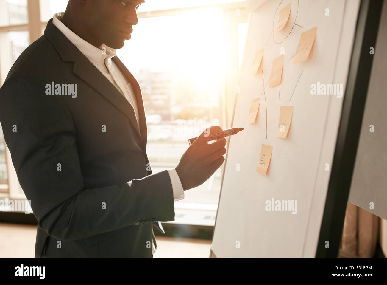 Cropped shot of businessman presenting his ideas on white board. Business executive with marker pen writing in flipchart during Stock Photo