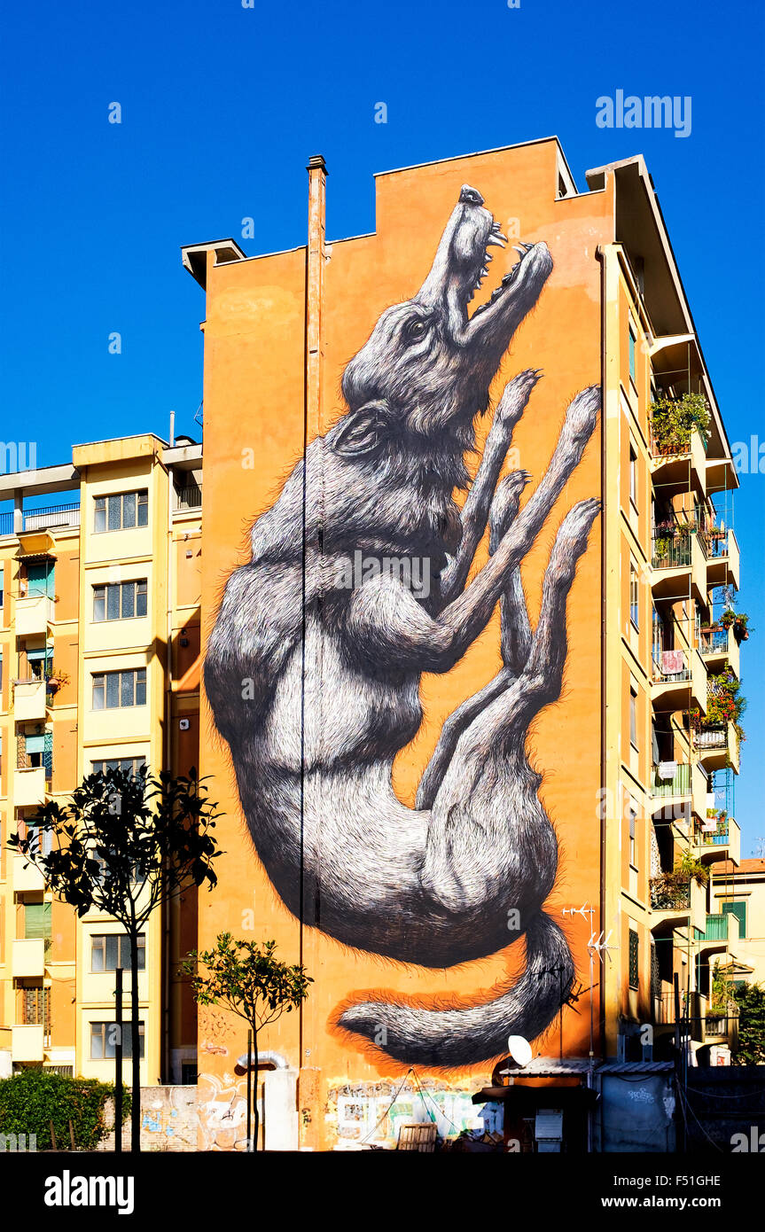 The Jumping Wolf by renowned artist ROA in Via Galvani, Rome Italy Stock Photo