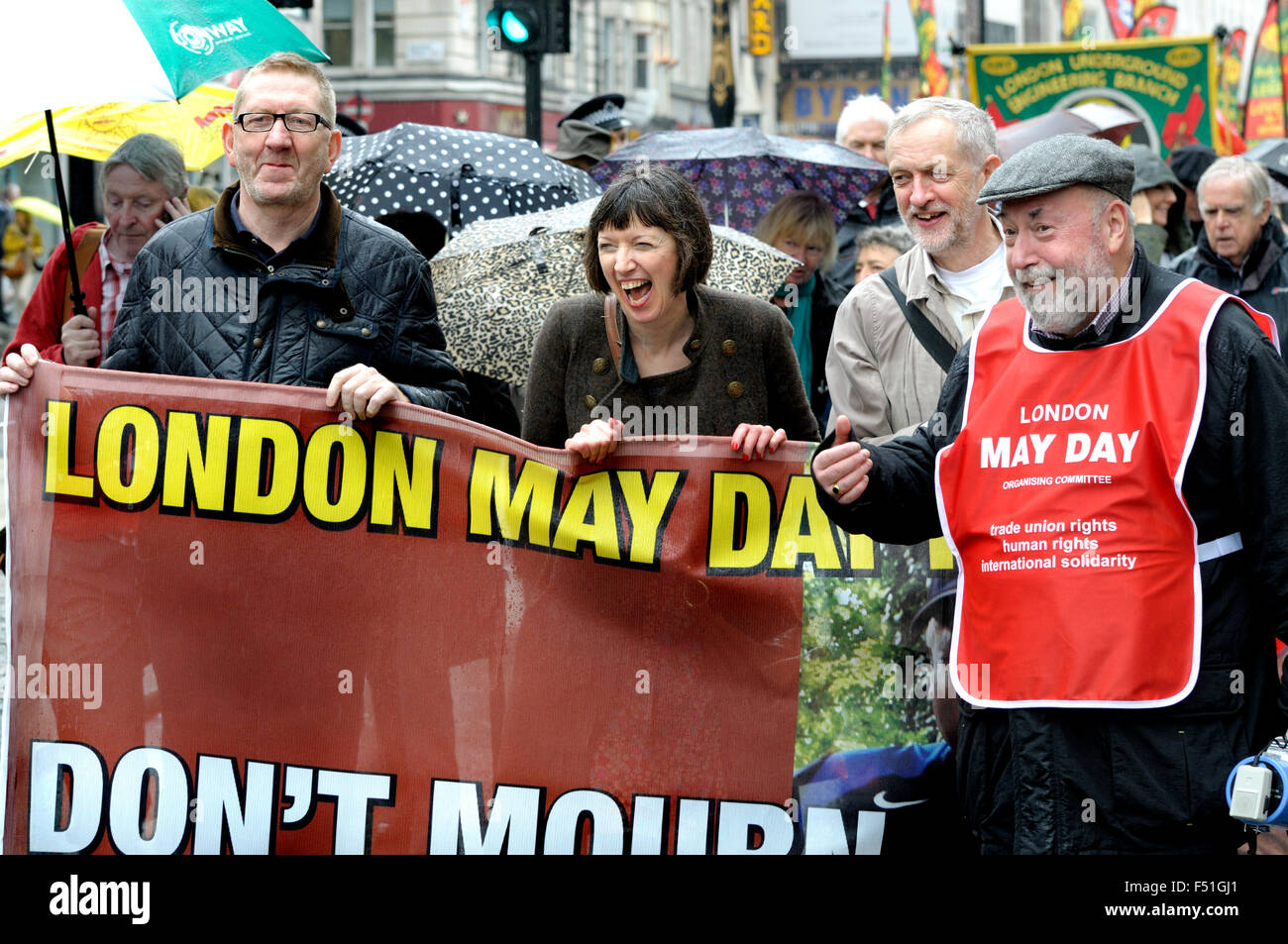 May Day, London, 2014. Len McCluskey (UNITE), Frances O'Grady (TUC) and Jeremy Corbyn MP (now Labour leader)... Stock Photo