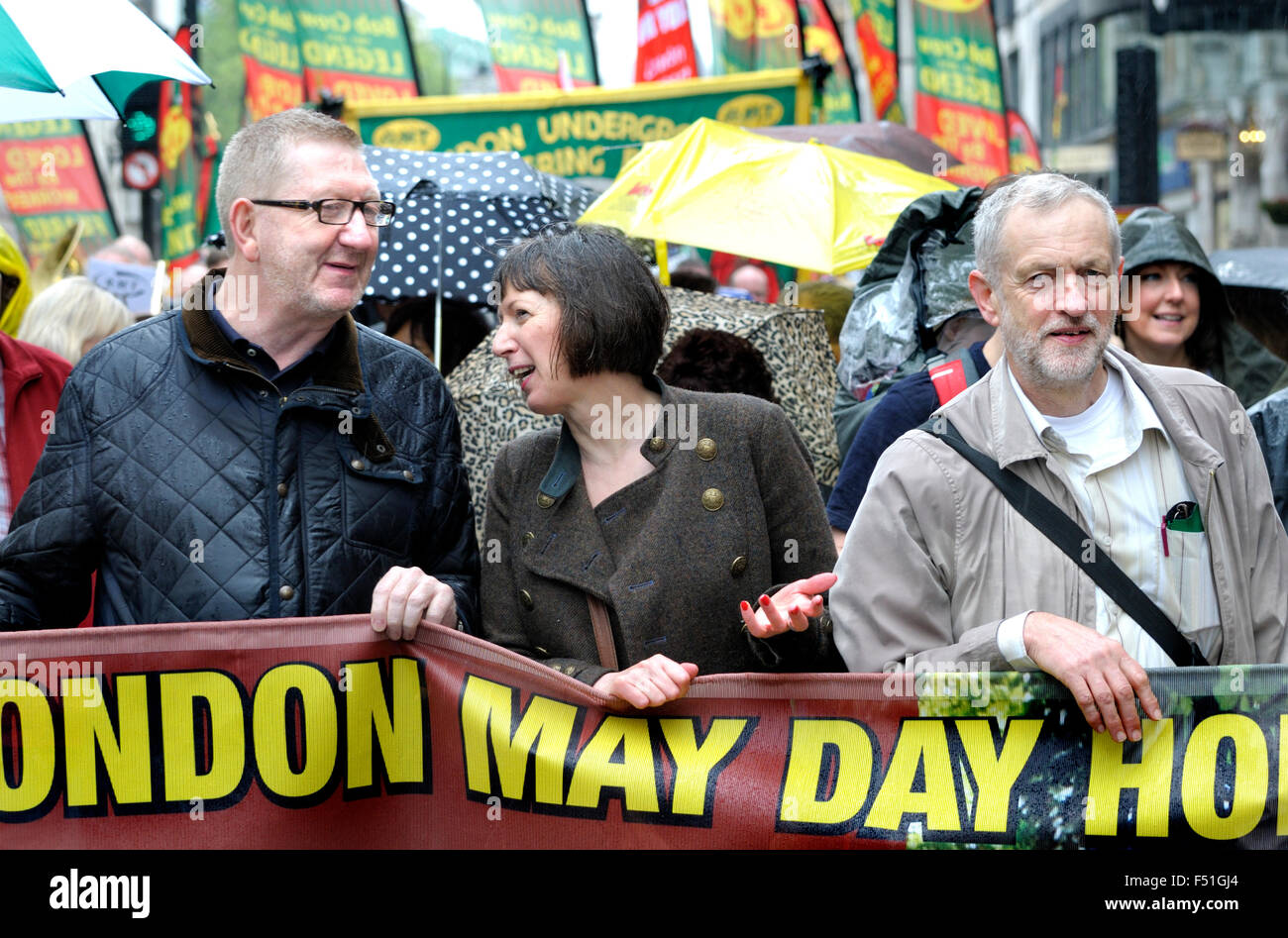 May Day, London, 2014. Len McCluskey (UNITE), Frances O'Grady (TUC) and Jeremy Corbyn MP (now Labour leader)... Stock Photo