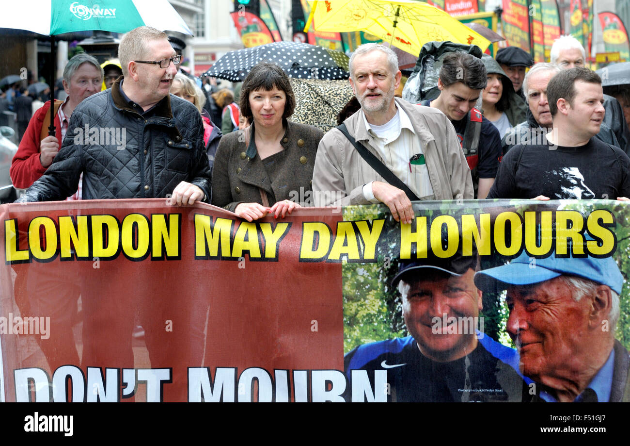 May Day, London, 2014. Len McCluskey (UNITE), Frances O'Grady (TUC) and Jeremy Corbyn MP (now Labour leader)... Stock Photo