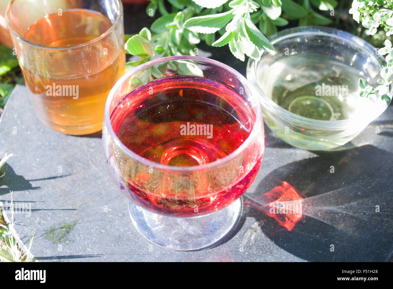 Red wine vinegar, in front of apple and white wine vinegar Stock Photo