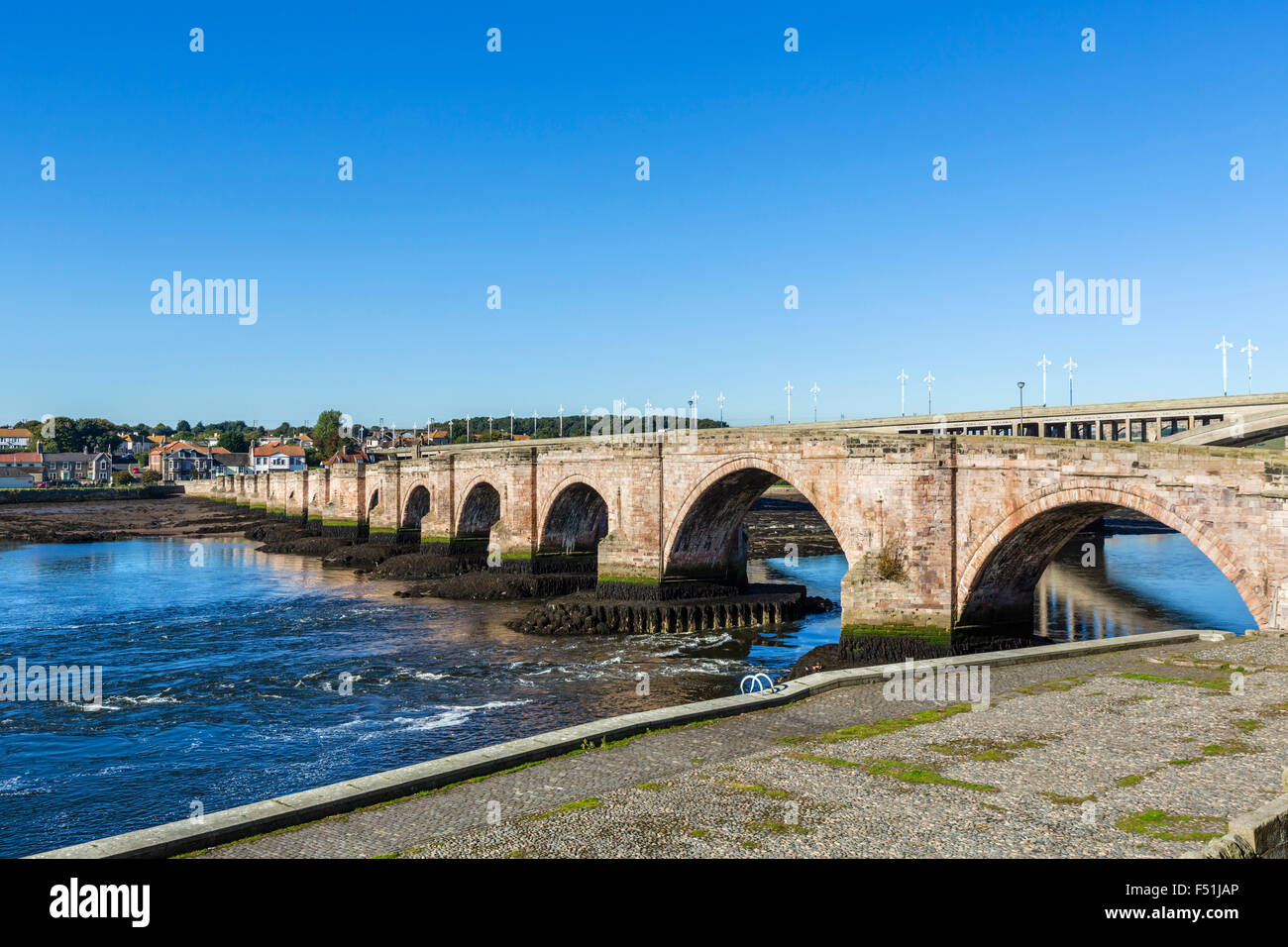 The Old Bridge  from the Quays, Berwick-upon-Tweed, Northumberland, England, UK Stock Photo