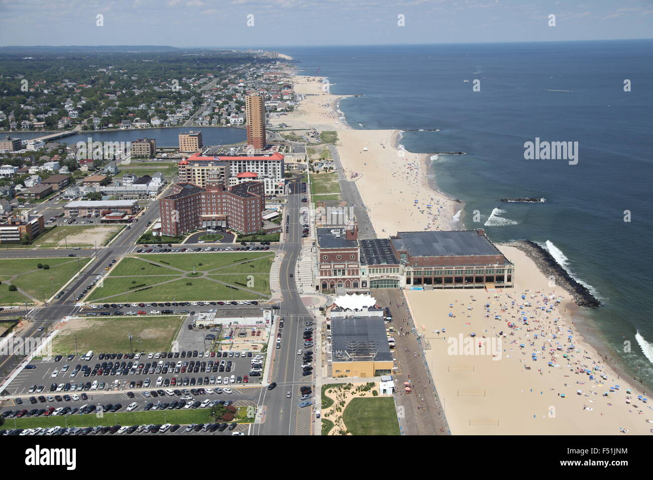 Aerial view of Asbury Park Beach and Convention Hall, Monmouth County, New Jersey (facing North) Stock Photo