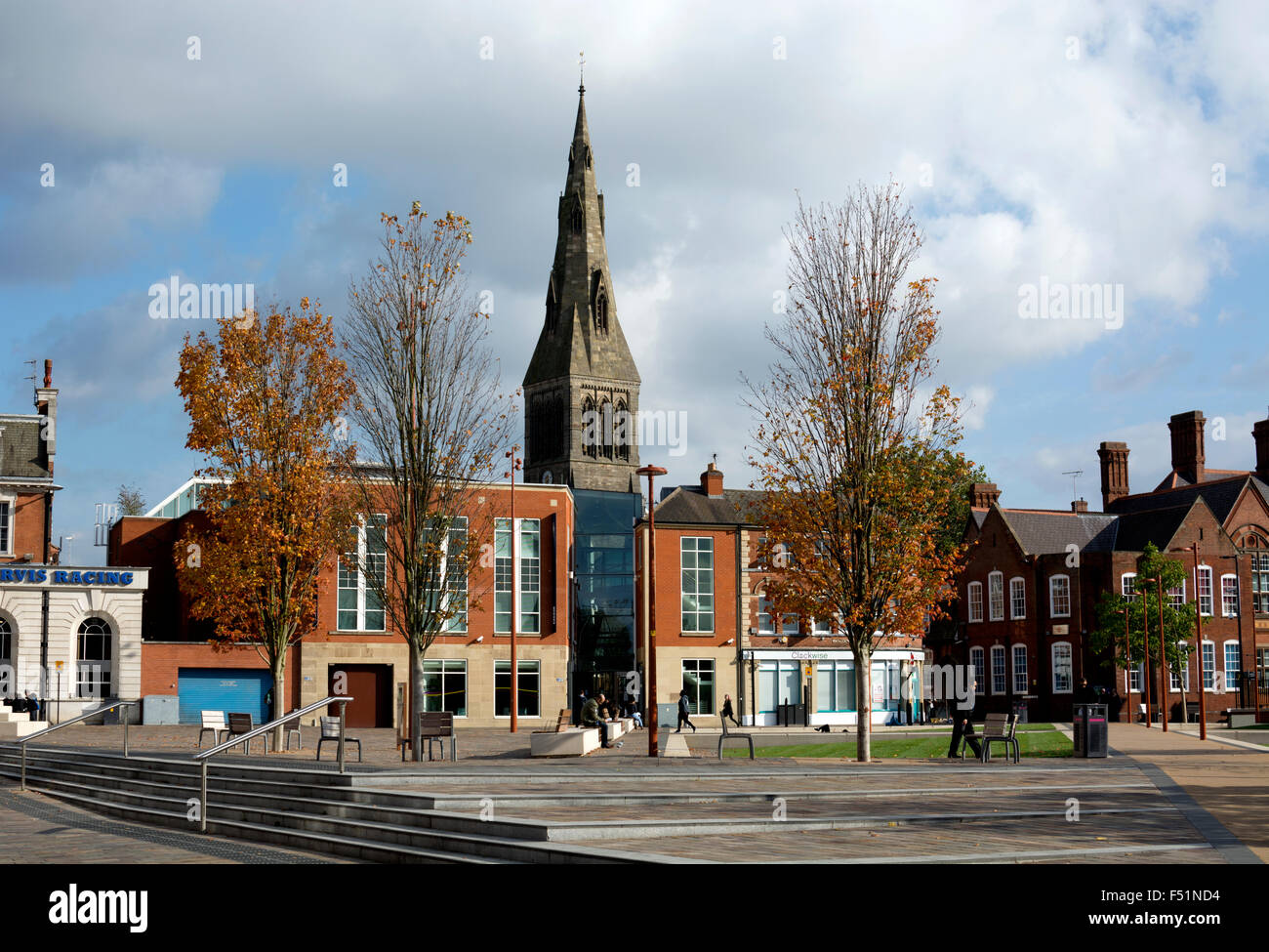 Jubilee Square and cathedral, Leicester, Leicestershire, England, UK