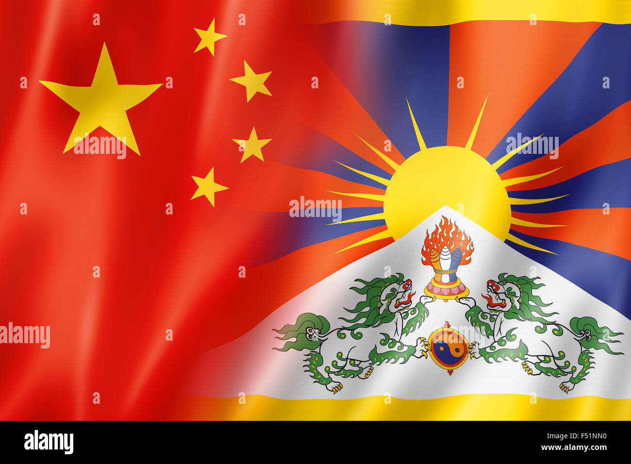 Mixed China and Tibet flag, three dimensional render, illustration Stock Photo