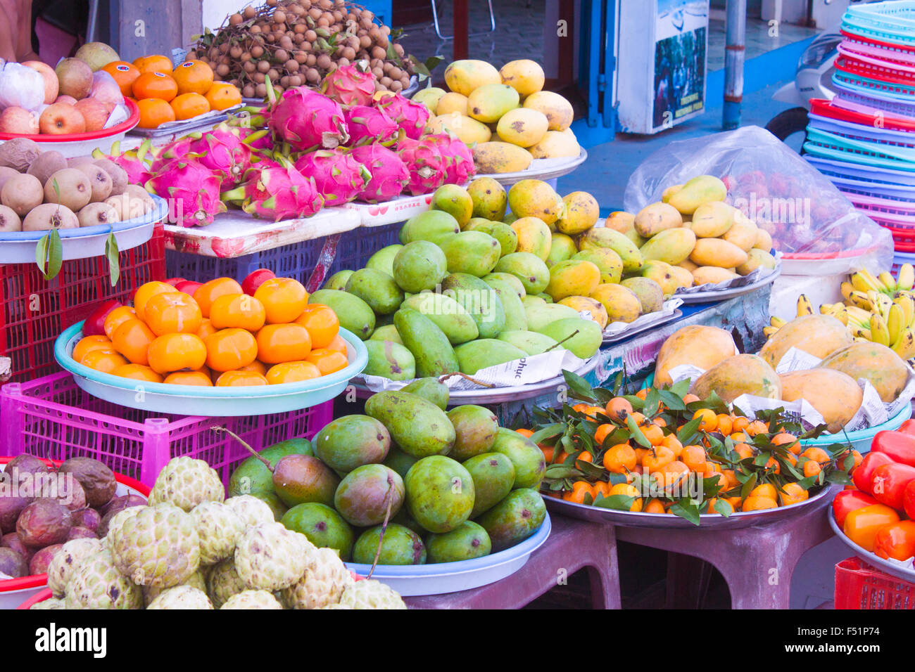 A bunch of fresh, colorful, tropical fruits, at a marketplace bazaar Stock Photo