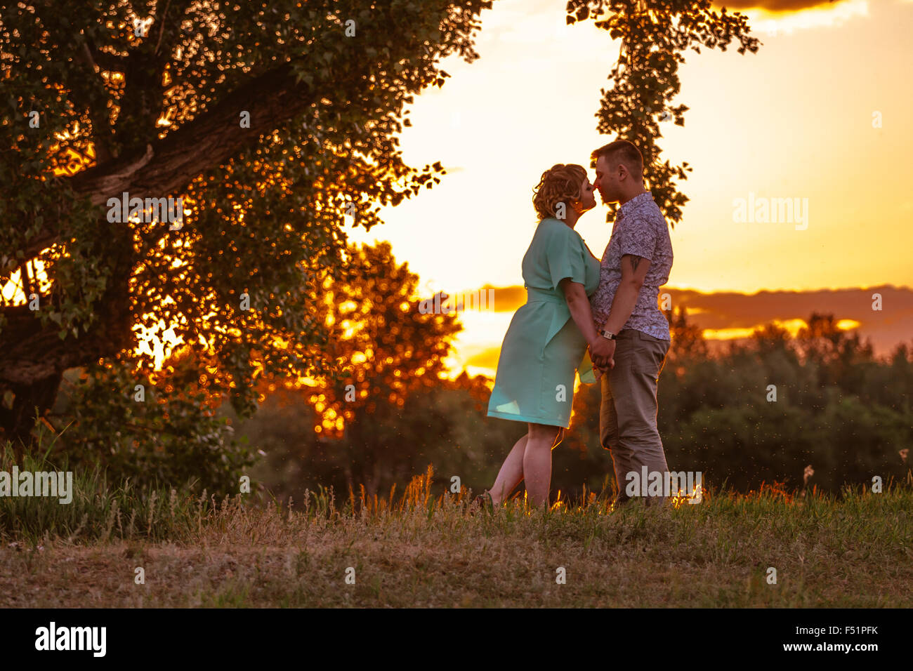 Romantic couple standing and kissing on background summer meadow sunset ...