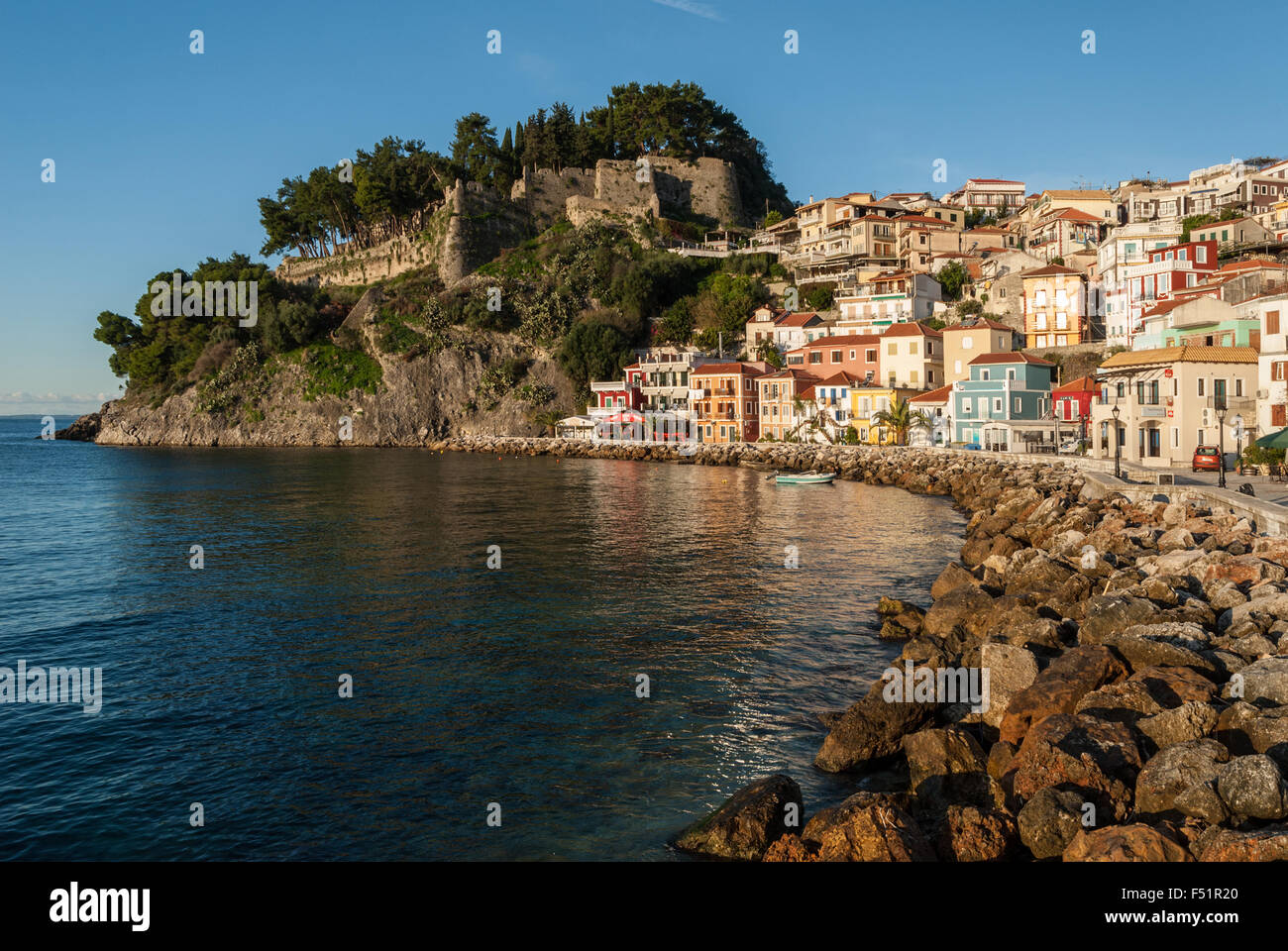 View of the city of Parga and the castle on the hill in Epirus, Greece Stock Photo