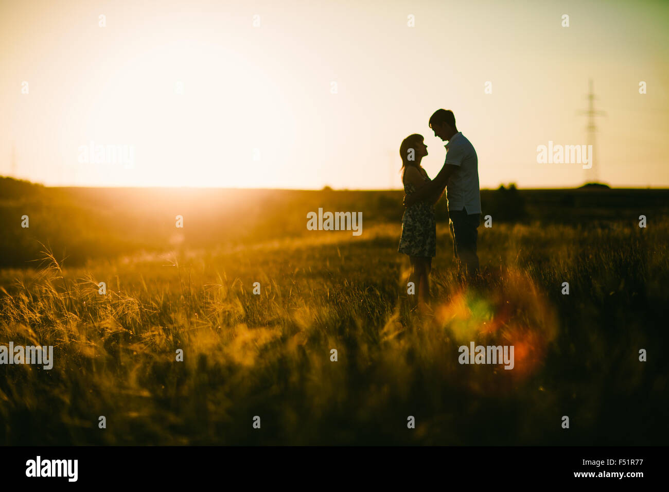 Romantic couple standing and kissing on background summer meadow sunset ...