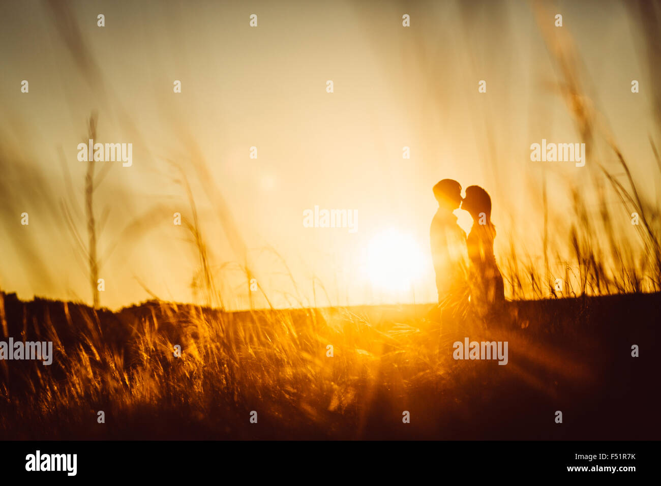 Romantic silhouette couple standing and kissing on background summer ...