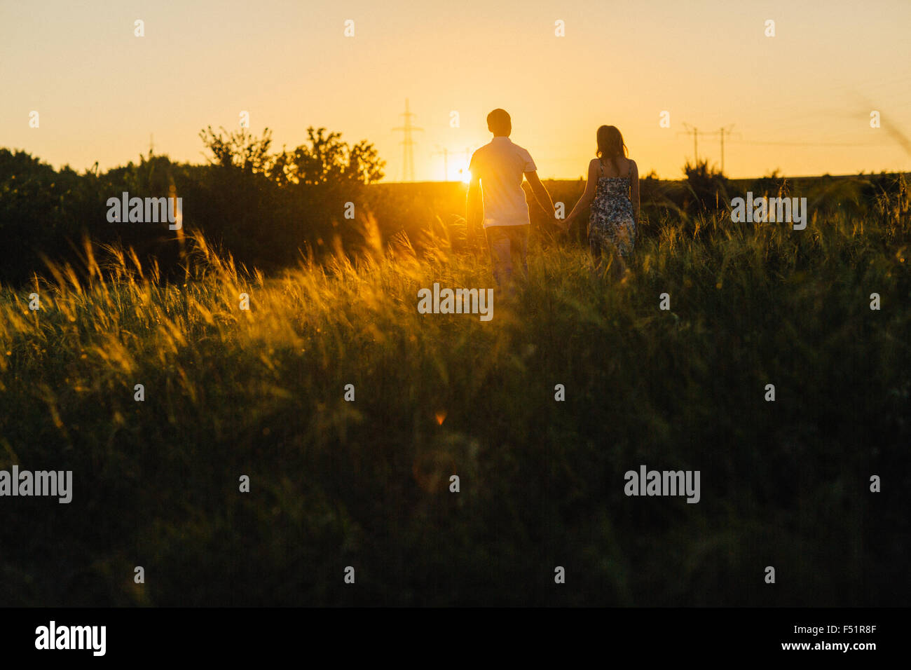 Romantic couple standing and kissing on background summer meadow sunset ...