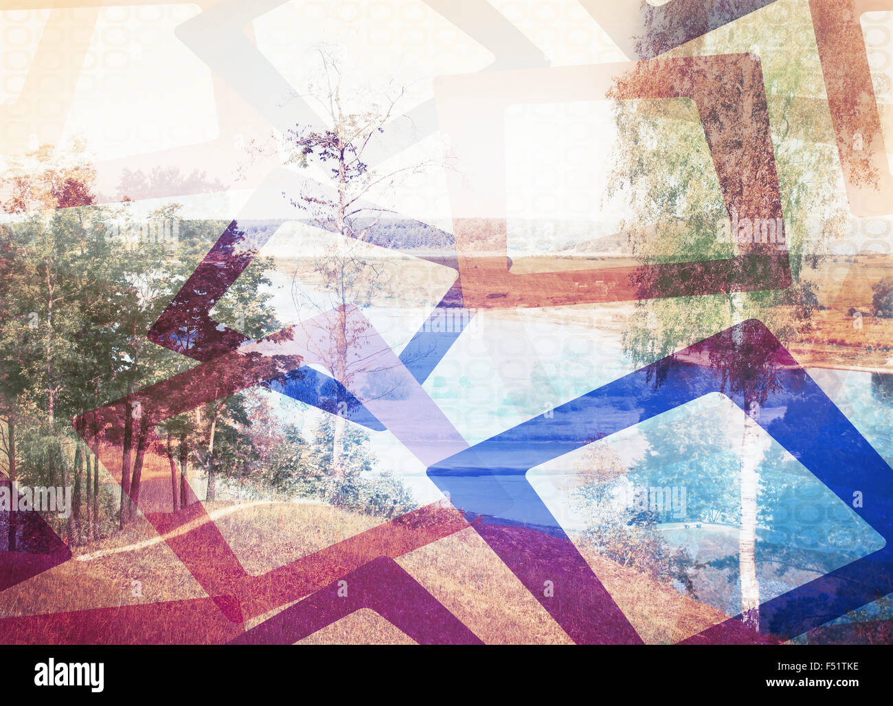 Double exposure effect of autumnal trees, river and geometric shapes Stock Photo