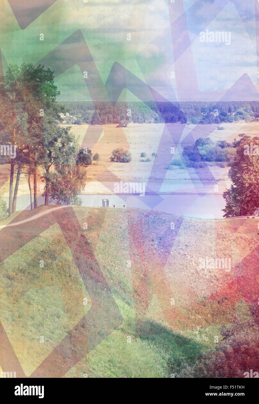 Double exposure effect of autumnal trees, river and geometric shapes Stock Photo