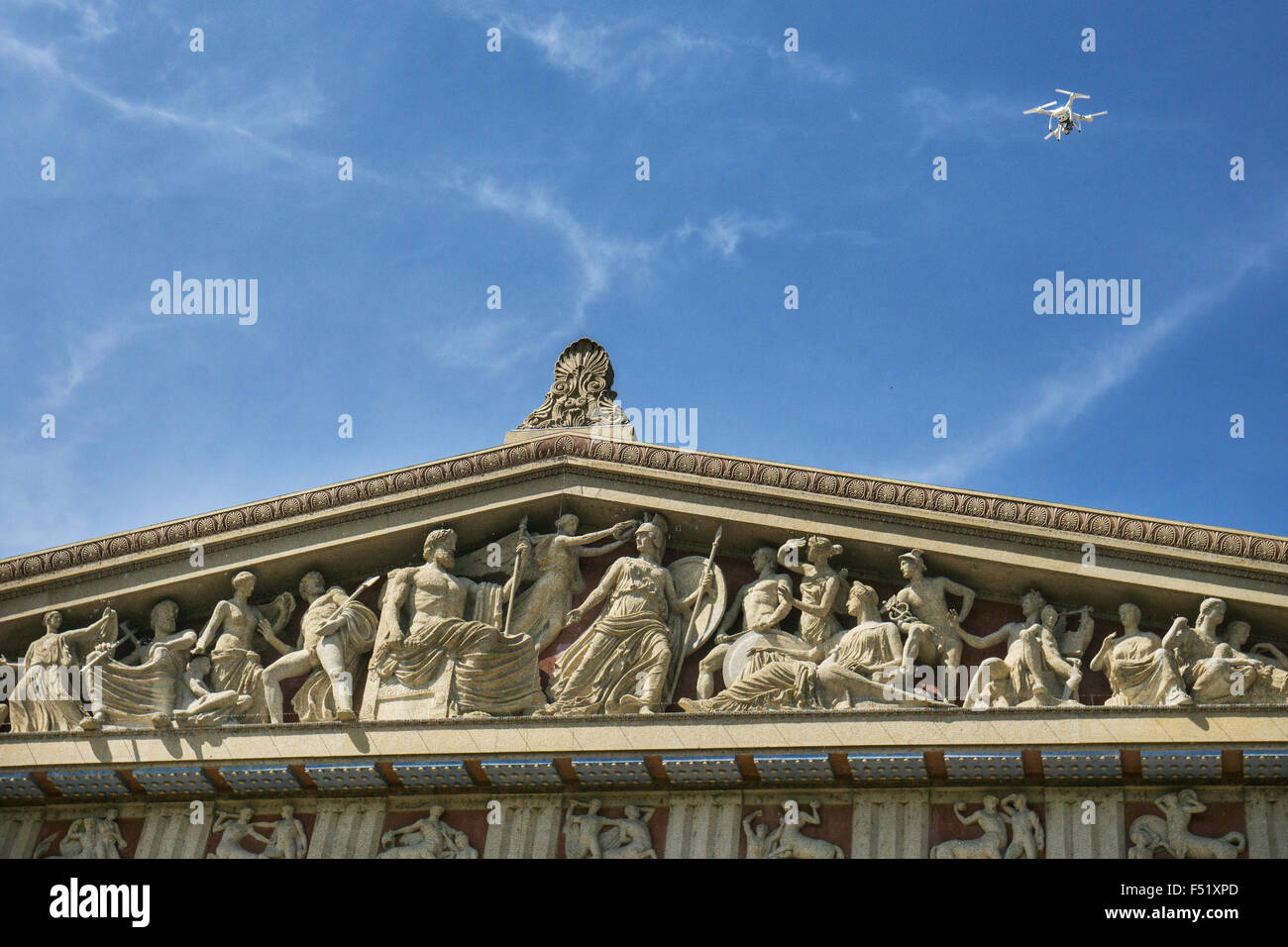 Drone flying over The Parthenon in Nashville, Tennessee  a full-scale replica of the original Parthenon in Athens. Stock Photo
