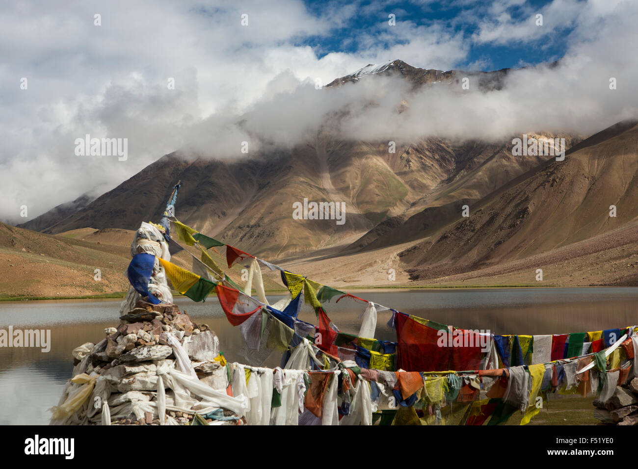 India, Himachal Pradesh, Spiti, Chandra Taal, Full Moon Lake, prayer flags in early morning light Stock Photo