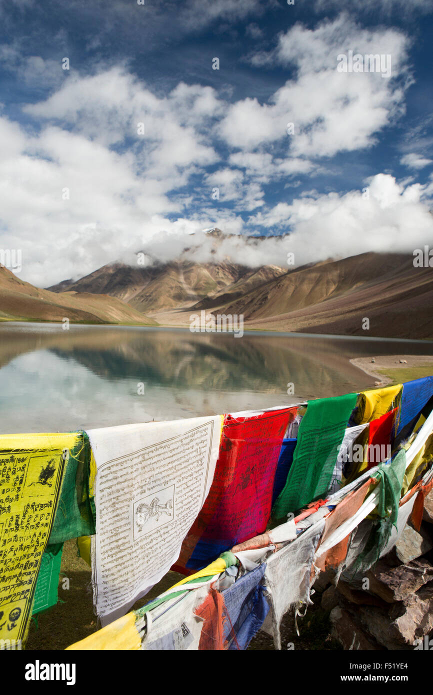 India, Himachal Pradesh, Spiti, Chandra Taal, Full Moon Lake, prayer flags in early morning light Stock Photo