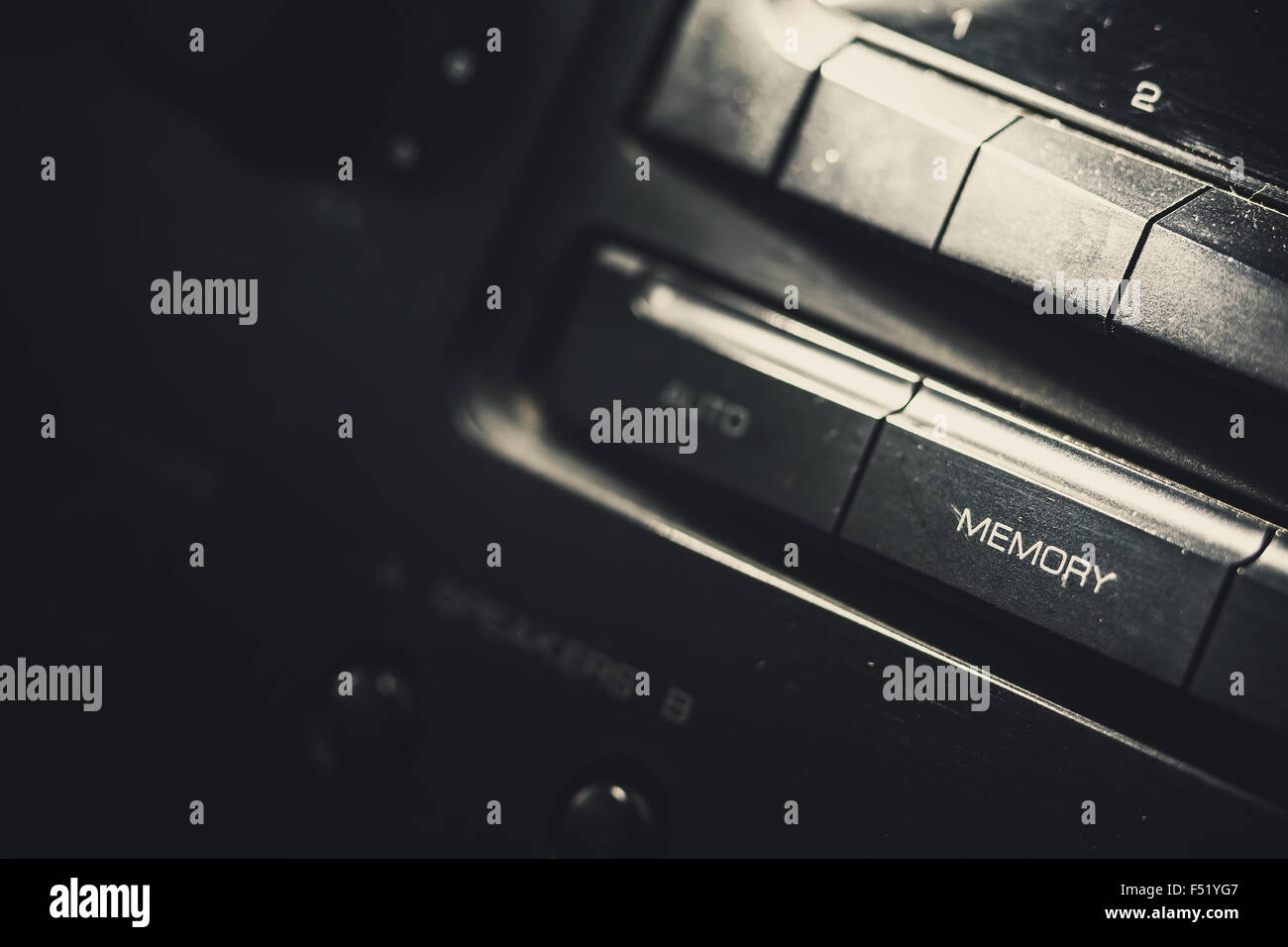 Conceptual composition in black and white, closeup view on memory button. Stock Photo