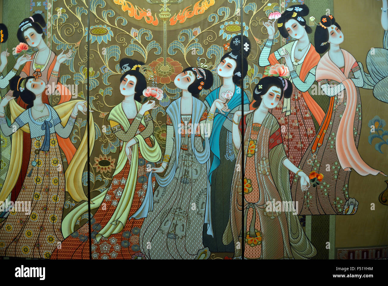 Part of Embroidered painting mural 'Tang Music and Dance' by Fang Eqin in 1987. Shanxi museum in Xian. Stock Photo