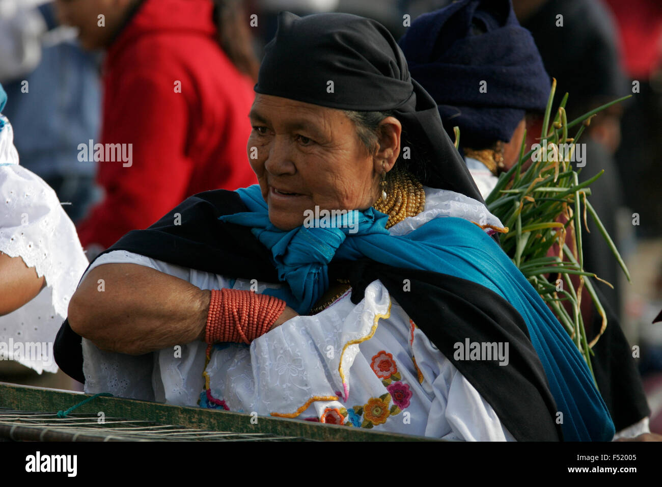 Indigenous woman wearing traditional dress and shopping at Otavalo market, Ecuador, South America Stock Photo