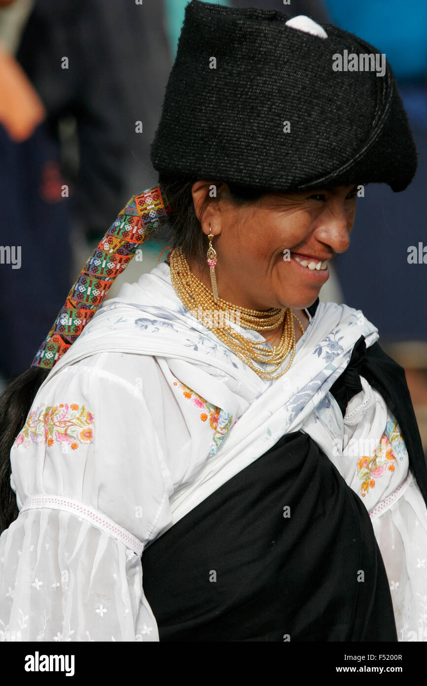 Indigenous woman wearing traditional dress at Otavalo market, Ecuador, South America Stock Photo