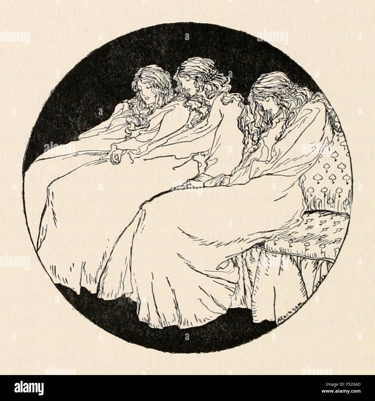 'The Three Sleeping Princesses' from 'The Queen Bee' in ‘The Fairy Tales of the Brother's Grimm', illustration by Arthur Rackham (1867-1939). See description for more information. Stock Photo