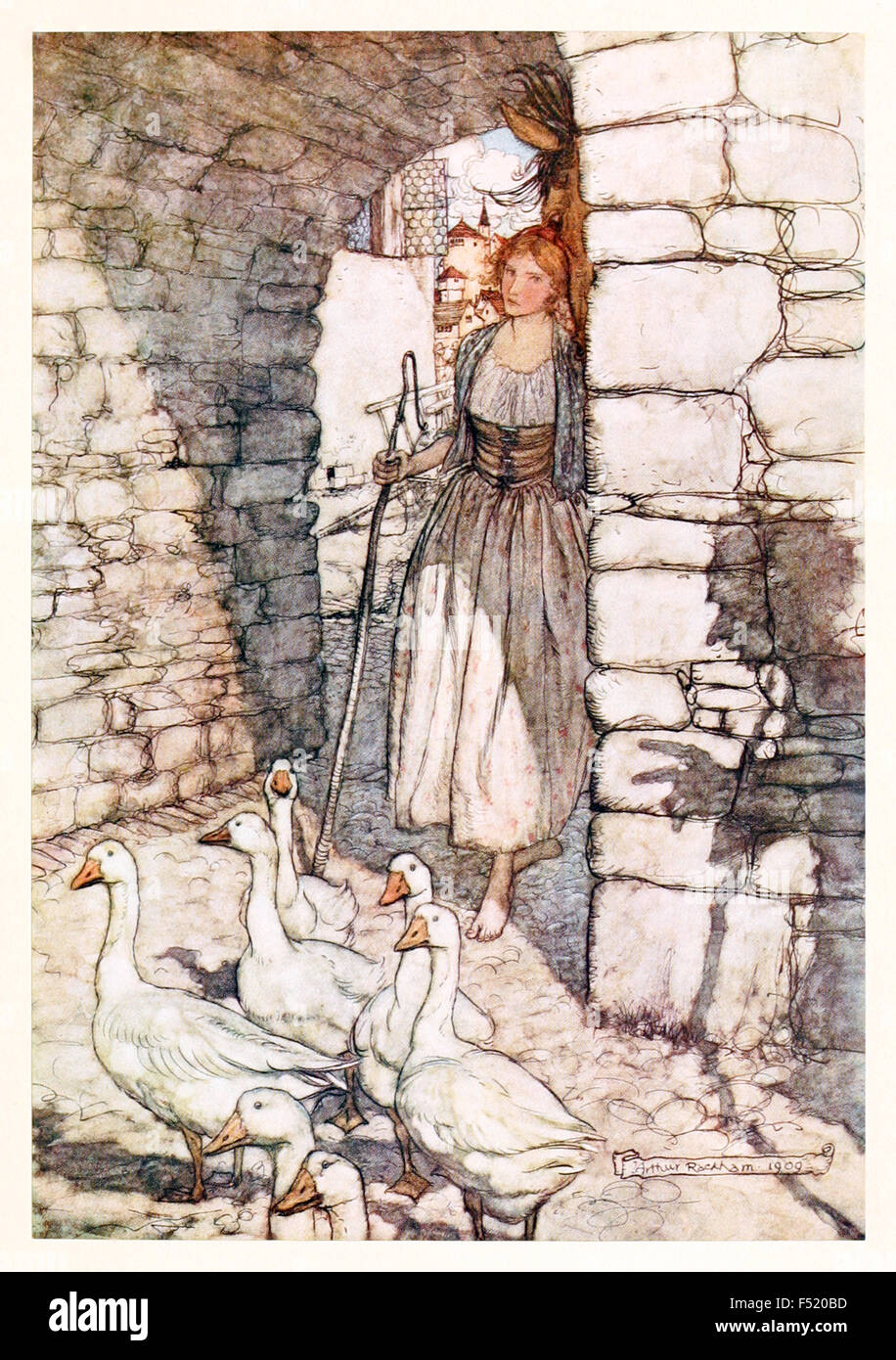 'Alas! dear Falada, there thou hangest.' from 'The Goosegirl' in ‘The Fairy Tales of the Brother's Grimm', illustration by Arthur Rackham (1867-1939). See description for more information. Stock Photo