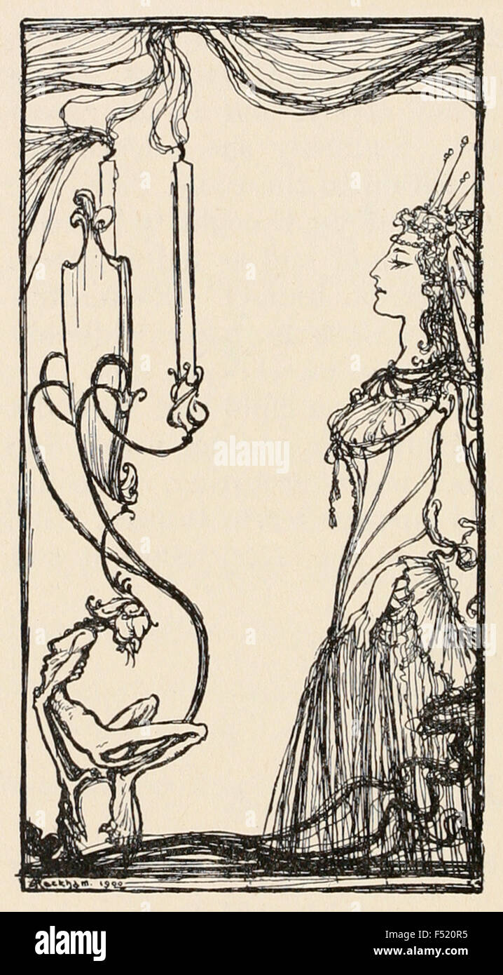 'Mirror, Mirror on the wall, Who is fairest of us all?' from 'Snowdrop' in ‘The Fairy Tales of the Brother's Grimm', illustration by Arthur Rackham (1867-1939). See description for more information. Stock Photo
