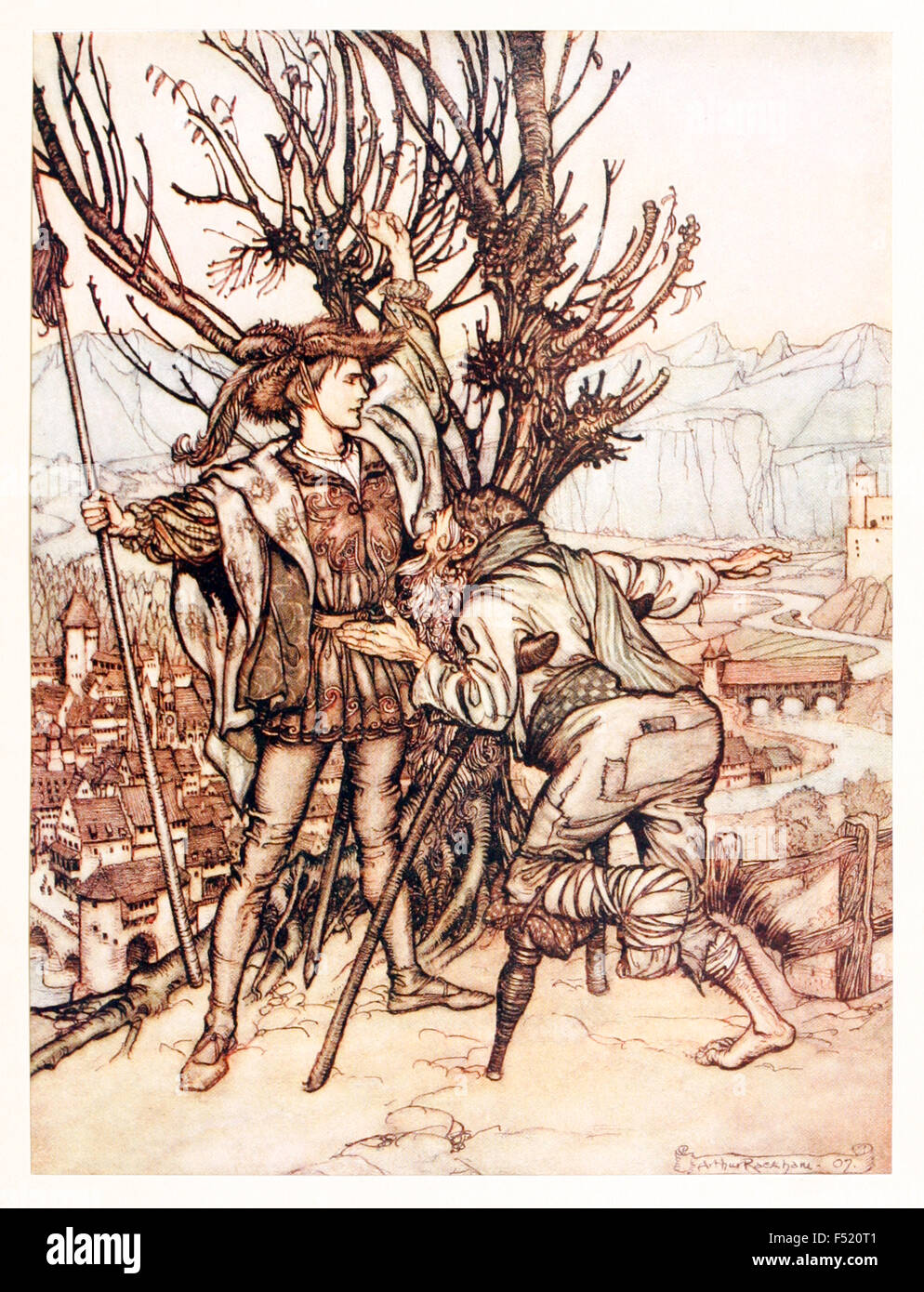 'The young Prince said, 'I am not afraid; I am determined to go and look upon the lovely Briar Rose.' from 'Briar Rose' in ‘The Fairy Tales of the Brother's Grimm', illustration by Arthur Rackham (1867-1939). See description for more information. Stock Photo