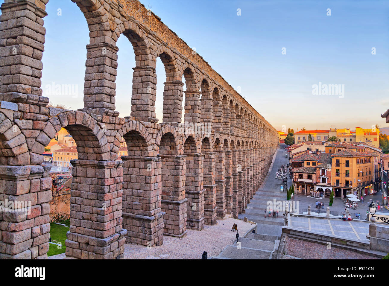 Ancient Roman aqueduct on Plaza del Azoguejo square in Segovia, Spain Stock Photo