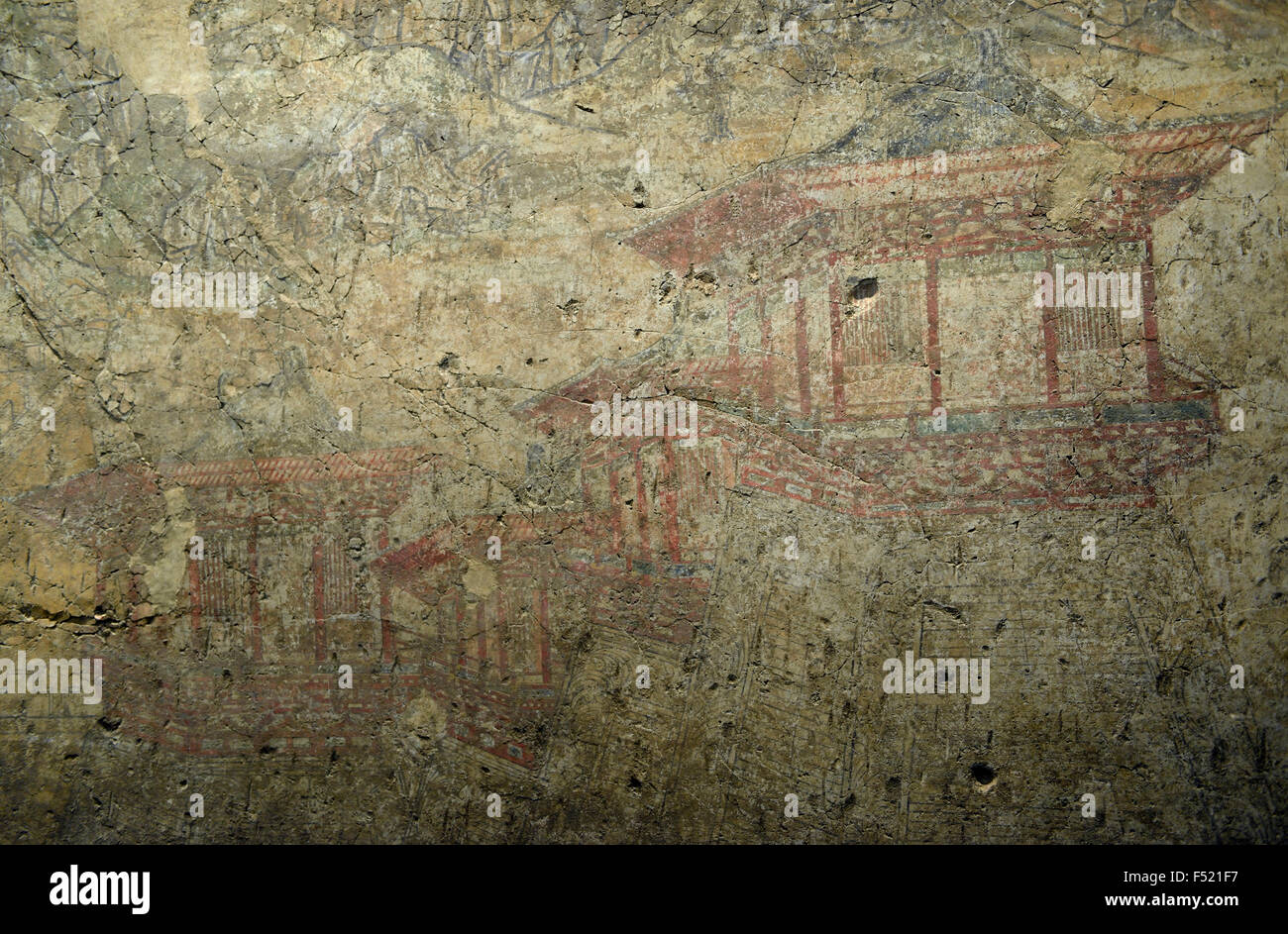 Side Tower mural unearthed from Yide Prince tomb.Tang Dynasty tomb murals. Shanxi Museum in Xi'an, China. Stock Photo